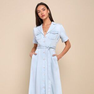 Lulus Pleasant Cutie Blue Chambray Collared Midi Dress With Pockets - Size M